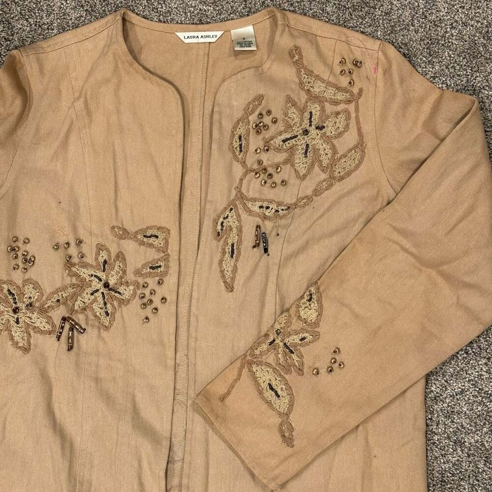 Laura Ashley Embroidered Beaded Linen Jacket Tan Size S - Picture 4 of 13